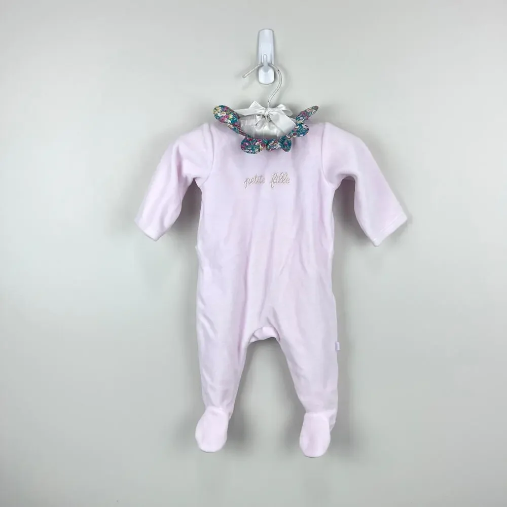 Jacadi Paris Pink Velour Floral Petal Collar Footie Coverall 3 Months
